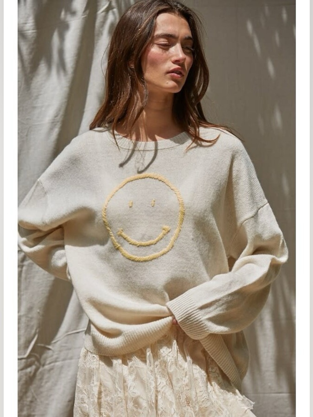 🆕 By Together Plaful Cream Smiley Knit Sweater NWT SZ SM